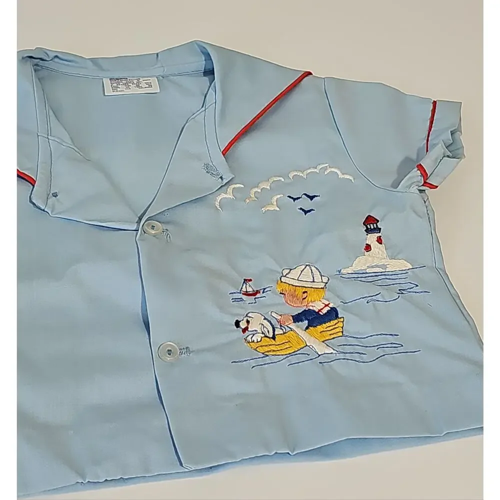 Vintage Baby Sailor Matching Shirt Shorts Set Embroidered Boat Pup Lighthouse
